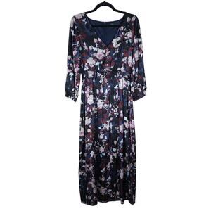 Studio 1886 Womens Dress 4 6 Navy Blue Floral Maxi V Neck Smocked Waist Pleated